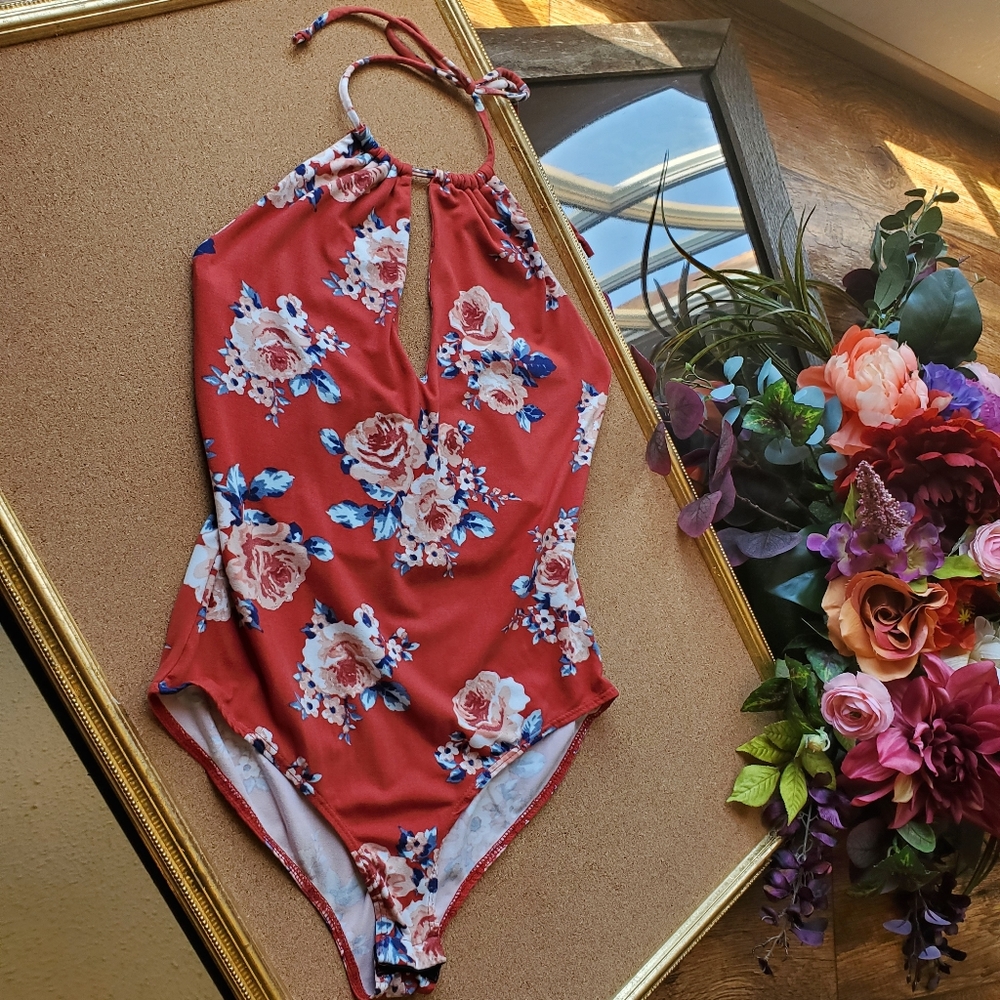 Full Tilt Keyhole Floral Halter Tie Bodysuit